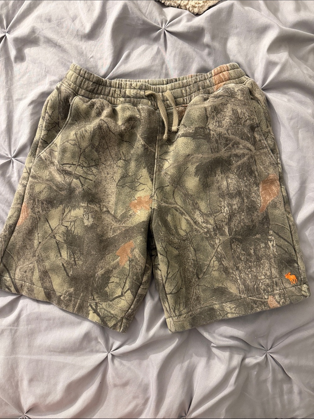Abercrombie & Fitch Olive Camo Drawstring Shorts with Orange Accent